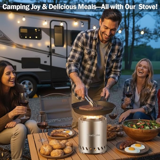 9.7 x 7.1 inch Tabletop FirePit, VivaGarden Portable Fire Pit Outdoor, Wood and Pellets Burning Camping Stove with Carry Bag, Forks, Mat and Pot Stand (Silver)