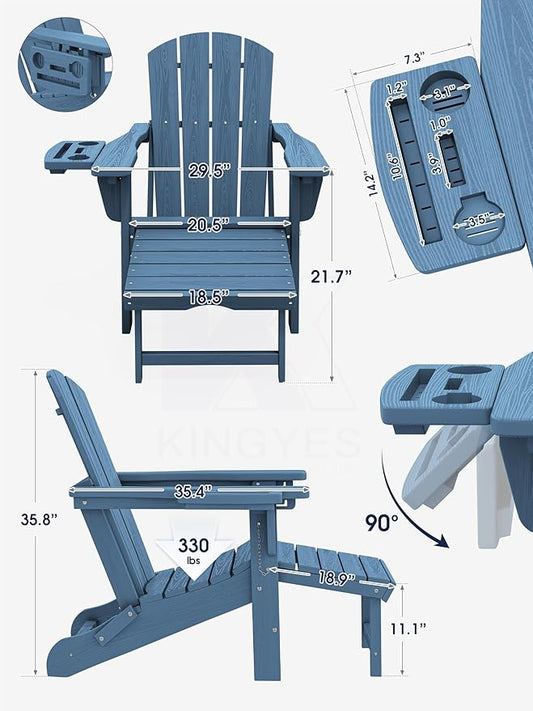 KINGYES Adjustable Folding Adirondack Chair with Footrest & 4-in-1 Multi-Functional Armrest Organizer Set of 4, HDPE Foldable Reclining Adirondack Chair with Pull-Out Ottoman, Blue