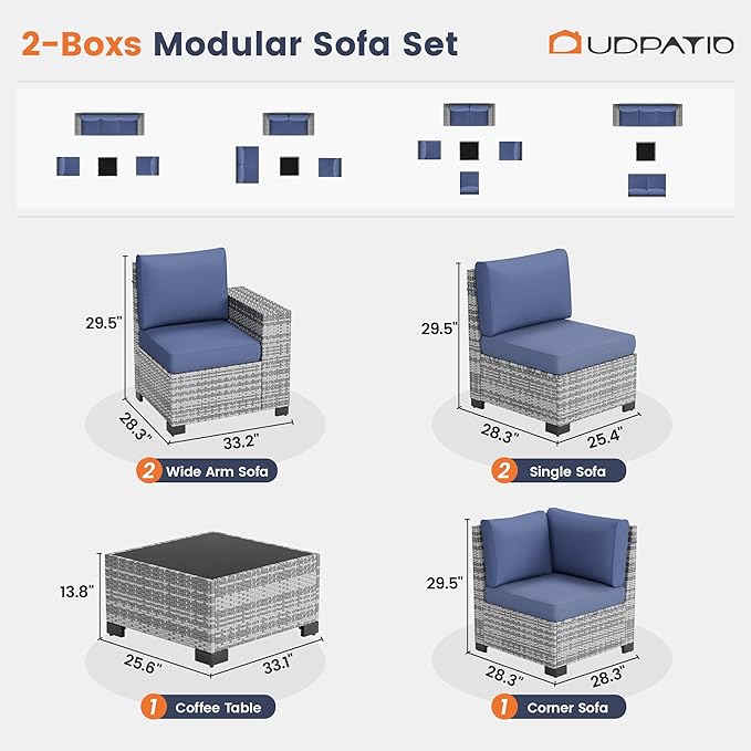 UDPATIO Patio Furniture Set, 8 Inch Armrest Outdoor Sectional Sofa, 6 Piece Wicker Outdoor Furniture Conversation Sets with Waterproof Cover and Coffee Table for Backyard Deck(Grey/Navy Blue)