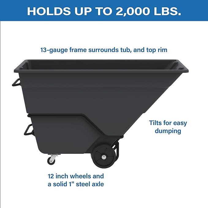 Akro-Mils 77810BLACK Akro-Tilt Heavy-Duty 2.0 Cubic Yard Plastic Truck Utility Cart, Loads up to 2000 lbs., 400 Gallon Capacity, Black