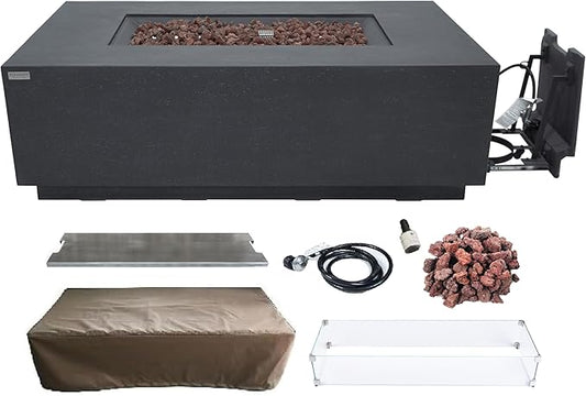 Elementi Andes Propane Gas Fire Pit Table Bundle - Cast Concrete with Concealed Pullout Tank Storage Drawer | Electronic Ignition | Canvas Cover, Lava Rock Included | Dark Gray