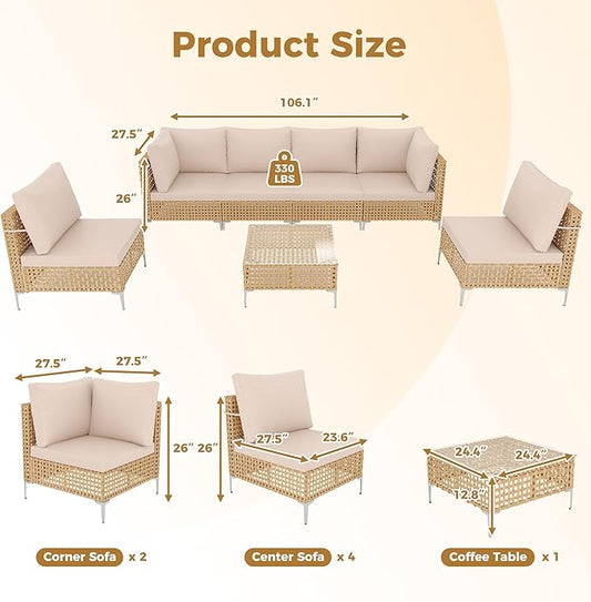 7 Piece Wicker Patio Furniture Set, Outdoor Sectional Couch Set with Coffee Table and Water-Resistant Thick Cushions for Balcony, Deck, Garden, Backyard(Yellow/Beige)