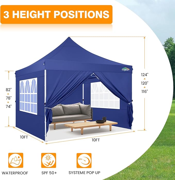 COBIZI 10x10ft Pop Up Canopy with 4 Removable Sidewalls, Easy Up Commercial Gazebos, Waterproof and UV50+ Gazebo with Portable Bag, Adjustable Leg Heights, Tents for Parties, with 4 sandbags