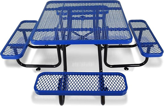 Rueekfil 46" Thermoplastic Picnic Table with Umbrella Hole up to 1.5", Heavy Duty Commercial Picnic Table for Outdoor, Family & Party Ready for School Camping, Square, Blue