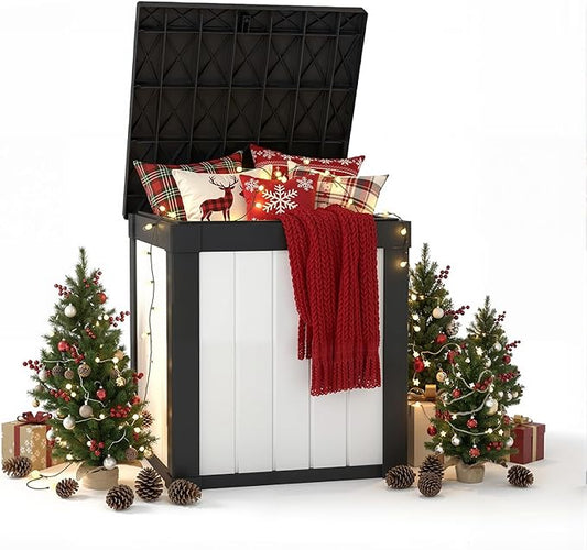 50 Gallon Outdoor Storage Box Waterproof,Outside Delivery Package Deck Box with Lockable Lid,Poolside Storage Bin for Garden Tools,Patio Cushion,Black & White