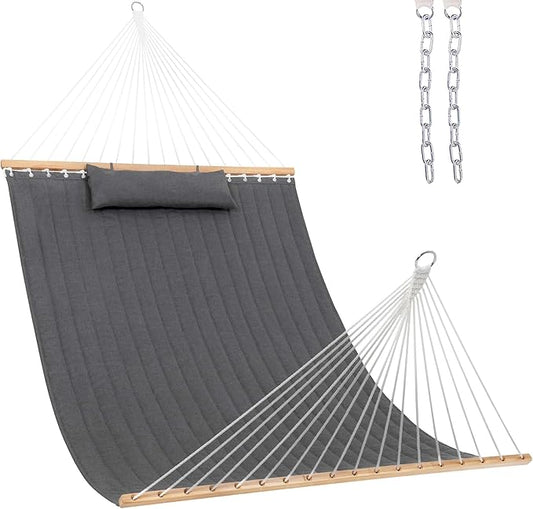 Lazy Daze Hammocks 12 FT Sunbrella Quilted Hammock Double Hammock with Hardwood Spreader Bar, for Patio Outdoor Outside All Weather, 450 lbs Capacity, Cast Slate