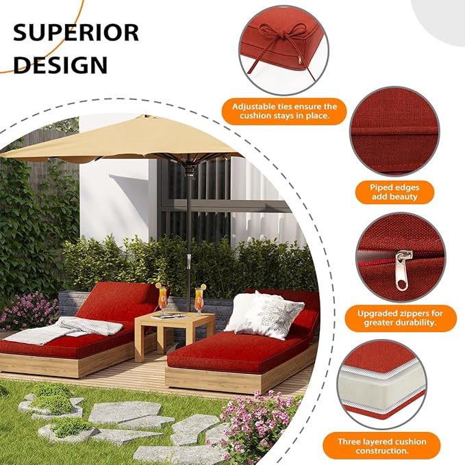 Sundale Outdoor Olefin Chaise Lounge Cushion Set of 2, Water-Resistant Patio Lounge Chair Cushion, Thick Lounger Pad with 4 Straps Red, 80 x 26 x 4 Inches