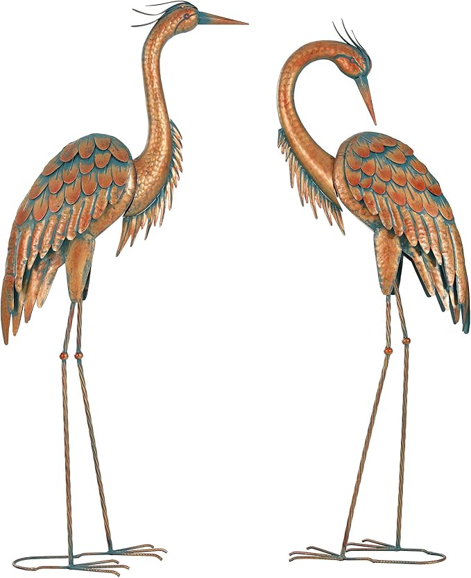 Ultym 44.8" Tall Extra Large Metal Crane Decor, Handcrafted Distressed Bronze Heron Sculpture with 4-Piece Secure Ground Stakes, Vintage Charm Outdoor Garden Statue Yard Art for Patio & Backyard Decor