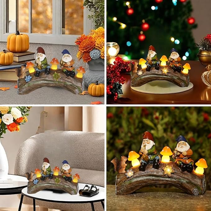 Jy.Cozy Funny Garden Gnome Statue Solar Powered Mushroom Figurine with Squirrel Gnome Durable Resin Outdoor Decoration for Patio Yard Lawn Ornament Housewarming Gift