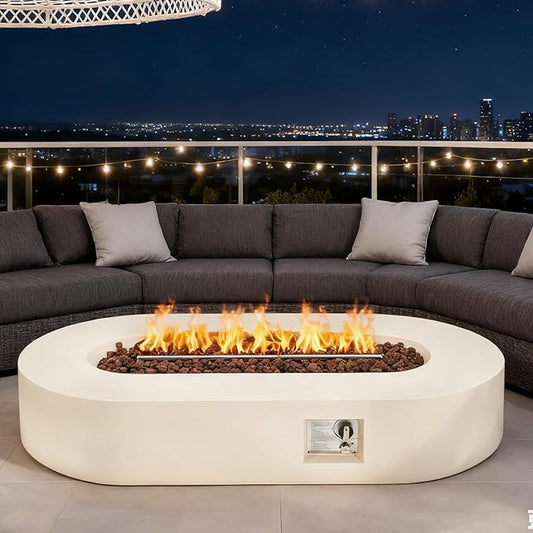 ECOTOUGE 60''Propane Fire Pit, Outdoor Gas Fire Pit Table Set w/Side Handles, Auto-Ignition Steel Fire Table, 50,000 BTU Oval Concrete Fire Pit w/Weather-Resistant Pit Cover, Lava Rocks,White