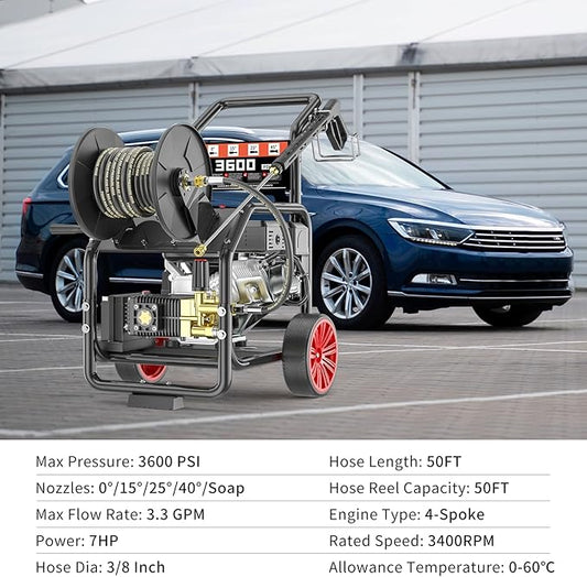 KARHDIR 3600PSI Gas Pressure Washer with Hose Reel, One-Button Start 212cc 7HP 4-Cycle Engine, 3.3 GPM Heavy Duty Power Washer with 50FT 3/8" Hose, Spray Gun & Wand, 5 Quick Connect Nozzles