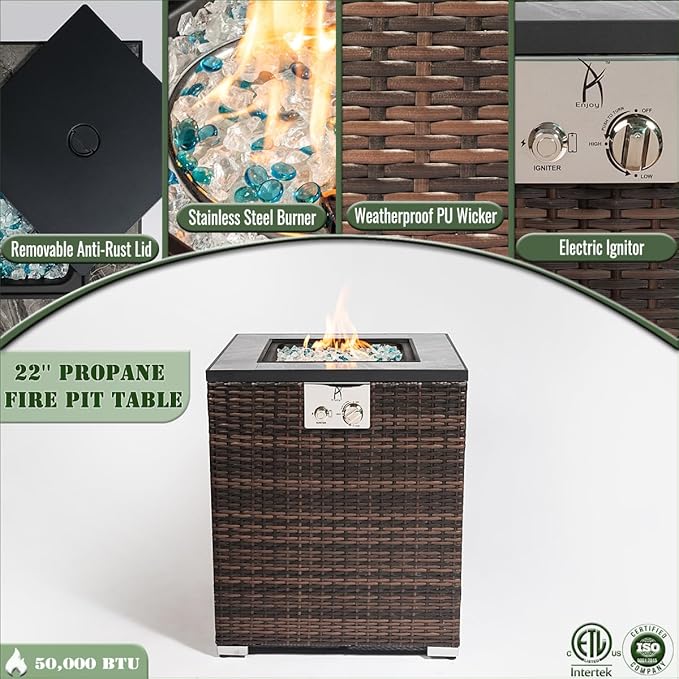 Propane Fire Pit Table, 24" Firepits for Outside, Gas Fire Pit for Outside Patio, Propane Fire Table w/Steel Lid, Rain Cover for Patio, 50000BTU, Tank Outside, Tank Not Included, Espresso