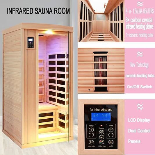 Ceramic Infrared Sauna 1 Person Far Infrared Sauna Hemlock Saunas Room for Home 2 in 1 Indoor Sauna with Low EMF Heaters + Ceramic Heating Cubes-Chromotherapy-Bluetooth Speaker