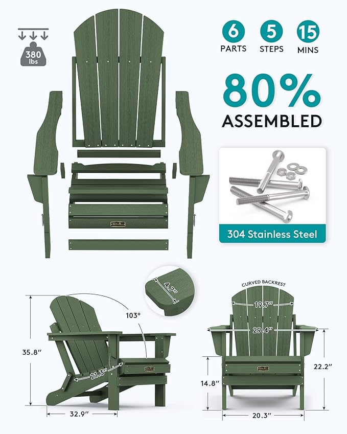 SERWALL Adirondack Chair Set of 4 for Patio Garden Outdoors Fire Pit- Army