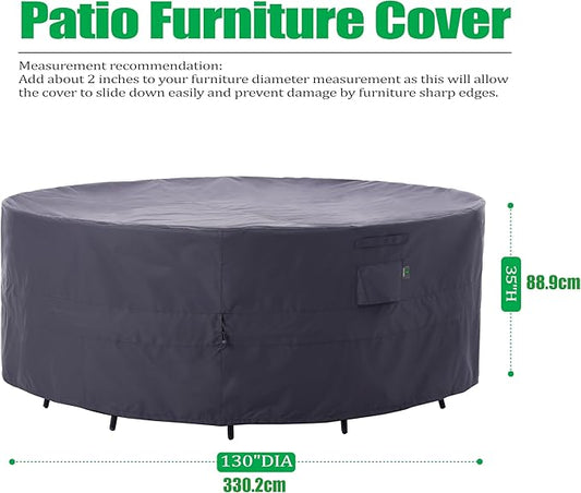 F&J Outdoors Patio Furniture Covers, Heavy Duty Tear Resistant Waterproof UV Resistant Windproof Extra Large Furniture Cover, Grey, 130" Dia x 35" H