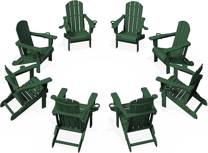 KINGYES Folding Adirondack Chair Set of 8, Dual Cup Holders & All-Weather HDPE, Wood-Like Patio Chair for Backyard, Camping, Pool & Fire Pit, Dark Green