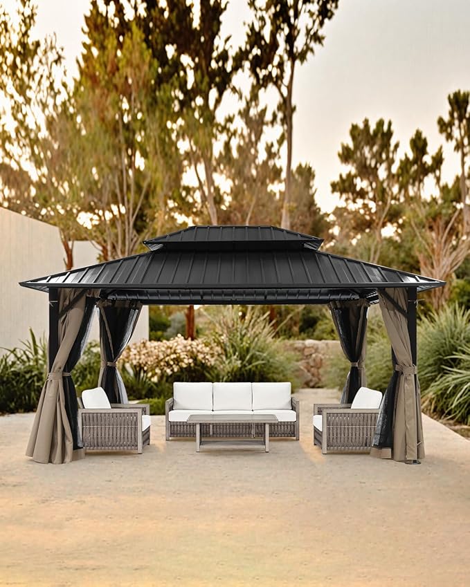 SEEHILL 12' x 16' Hardtop Gazebo, Outdoor Patio Gazebo, Aluminum Frame Patio Hardtop Gazebos with Netting and Curtain, Outdoor Patio Pergola with Double Steel Roofs for Deck, Lawns, Garden, Sandstone