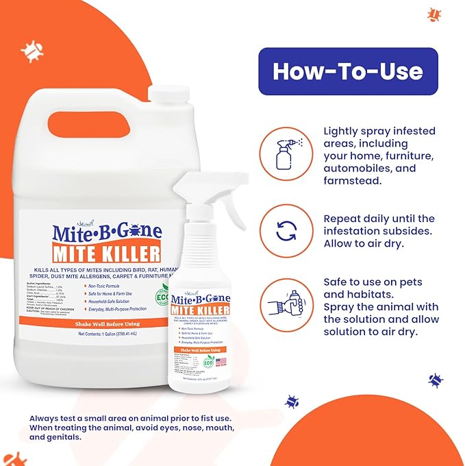 Mite Killer Spray by Mite-B-Gone — Kills Human Mites, Dust, Spider, Rat, Carpet & Bird Mites in Homes, Furniture, Bedding, Auto & On Animals | Non-Toxic | Kid & Pet Safe | 32oz Spray