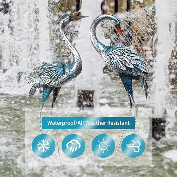 Oritty Outdoor Crane Garden Statues, Blue Heron Garden Statues, Large Metal Cranes for Yard, Lawn, Patio, Pond