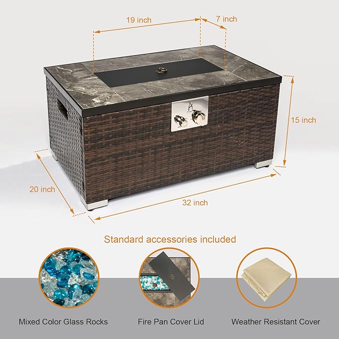 32'' Propane Fire Pit Table, Marble Textured Ceramic Tabletop, 50,000 BTU Fire Table with Brown Wicker, Mix Color Glass Rocks, Lid&Cover, Rectangle, Tank Required to Be Kept Outside.
