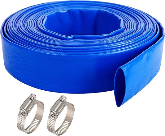 2" x 100 FT Pool Backwash Hose Blue Heavy Duty Reinforced PVC Lay Flat Water Discharge Hose for Swimming Pool Filter Pump,with 2 Clamp