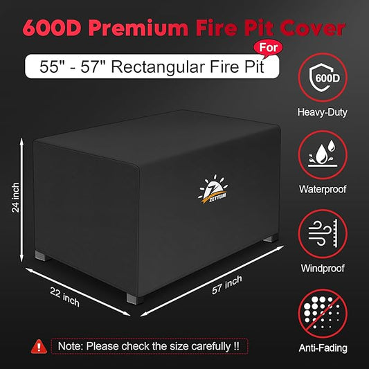 Zettum Fire Pit Cover Rectangular 57 Inch - Outdoor Fire Table Cover Rectangle Heavy Duty & Waterproof, 600D Patio Propane Gas Firepit Cover Rectangular Fade & Weather Resistant - 57 x 22 x 24 Inch