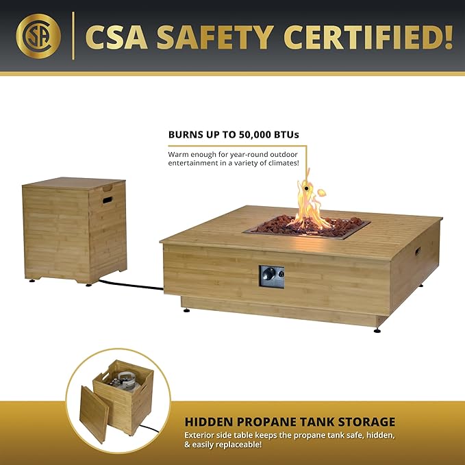 Kinger Home Harmony 43-Inch Large Square Outdoor Propane Gas Fire Pit Table, 50,000 BTUs, CSA Certified Includes Side Table, Lava Rock and Weatherproof Cover
