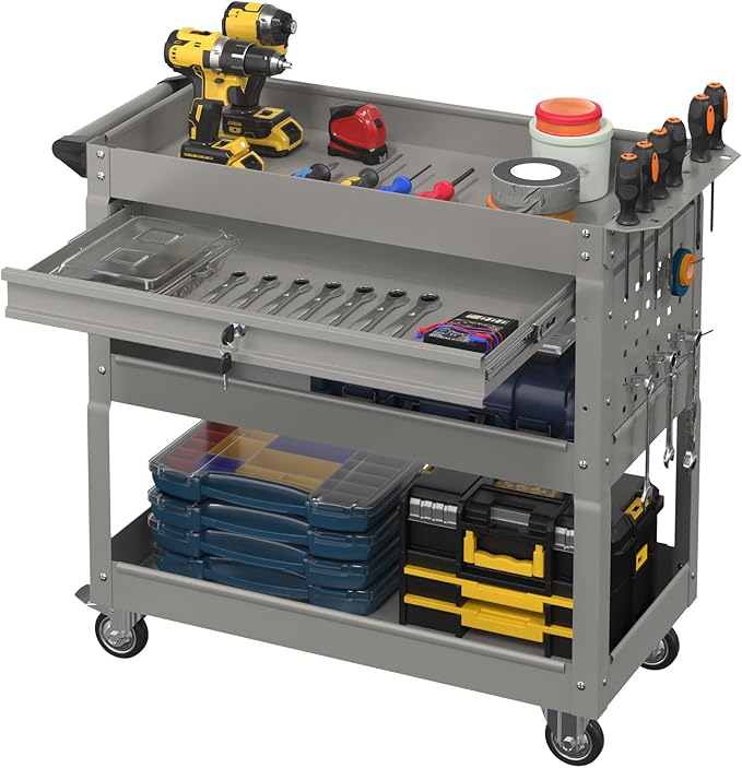 3 Tier Rolling Tool Cart with Drawer, 450 LBS Heavy Duty Utility Cart on Wheels, Service Cart for Garage, Workshop and Warehouse (Gray)
