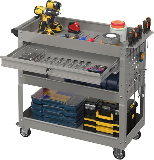3 Tier Rolling Tool Cart with Drawer, 450 LBS Heavy Duty Utility Cart on Wheels, Service Cart for Garage, Workshop and Warehouse (Gray)
