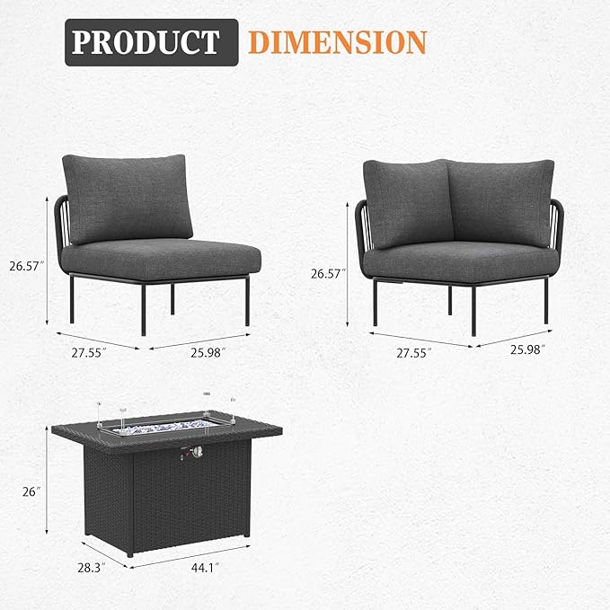 9 Piece Modern Outdoor Rope Wicker Sectional Patio L-Shaped Conversation Sofa Set Deep Seating with Fire Pit Table