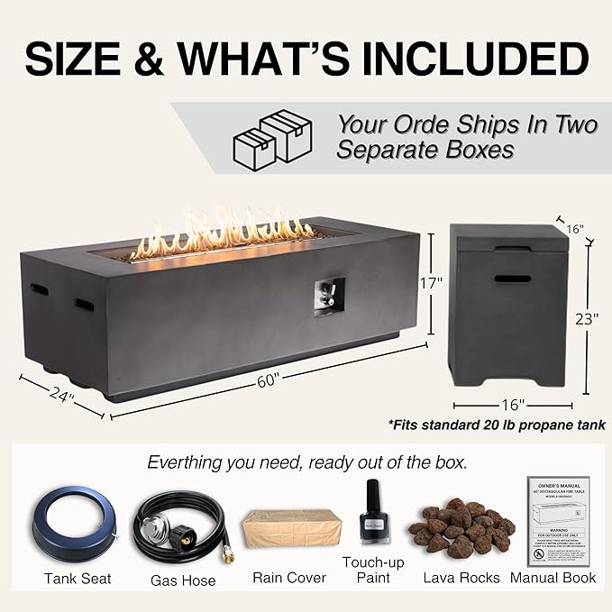 60-Inch Propane Fire Pit Table with Propane Tank Side Table,Set-2-Piece,60,000 BTU Concrete Gas Fire Pit with Free Rain Cover, Tank Seat, Lava Rocks, for Outside Patio Backyard,Dark Grey