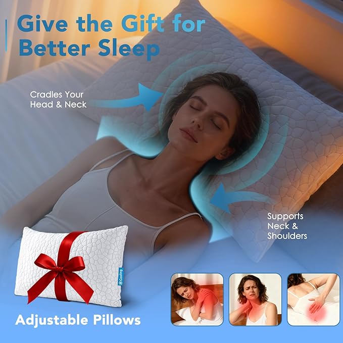 Cooling Adjustable Pillow for Hot Sleeper, Custom Loft Support with Breathable Shredded Memory Foam CertiPUR-US Certified Standard Size Bed Pillow for Side, Back, Stomach Sleeper Gift for Better Sleep