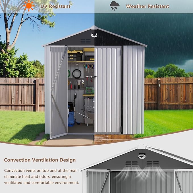 8X6 FT Outdoor Storage Shed, Metal Garden Shed - Tool Storage Sheds with Lockable Doors, Waterproof Outside Storage Building for Backyard, Patio (White; Floor Not Included)