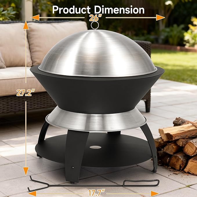 ONBRILL 26 Inch Smokeless Firepit, Outdoor Fire Pit with Waterproof Lid, Removable Ash Pan, Handbag, 2 in 1 Stainless Steel Potable Fire Pits for Outside Wood Burning, Bonfire, Camping, Picnic, Black