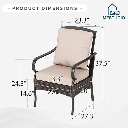 MFSTUDIO Outdoor Chairs Set of 6, Metal Wicker Dining Chairs with Thick Cushions and Armrests, Heavy Duty Outdoor Furniture Chairs for Dining Table, 300lbs