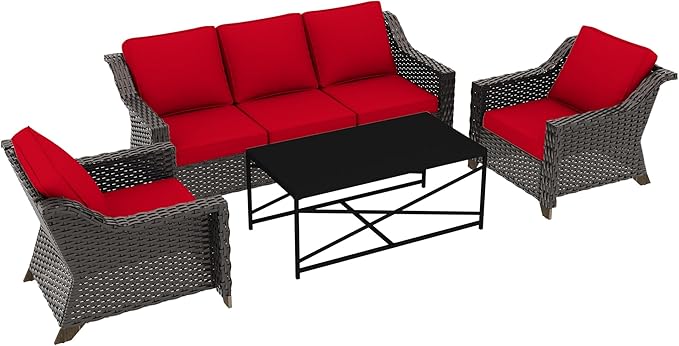 4 Pieces Outdoor Conversation Furniture Set - 77" Patio Sofa, 2 Wicker Armchairs, 1 Metal Coffee Table, Patio Wicker Furniture Set with Water-Resistant Cushions for Sunroom (Red)