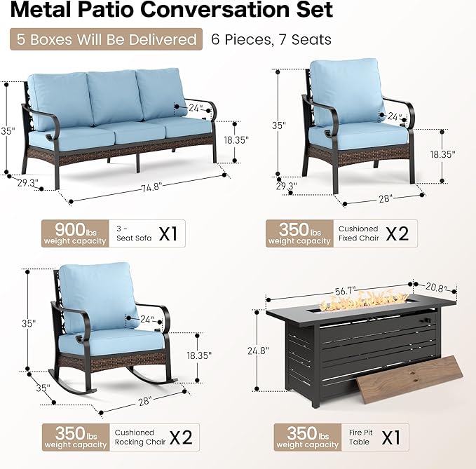 6 Piece Black Metal Outdoor Patio Furniture Sets with Firepit Table, Patio Conversation Sets 1 3-Seater Sofa, 2 Leg Sofa and 2 Rocking Sofa with 5.75" Cushion for Backyard Deck, Blue