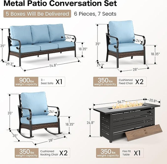 6 Piece Black Metal Outdoor Patio Furniture Sets with Firepit Table, Patio Conversation Sets 1 3-Seater Sofa, 2 Leg Sofa and 2 Rocking Sofa with 5.75" Cushion for Backyard Deck, Blue