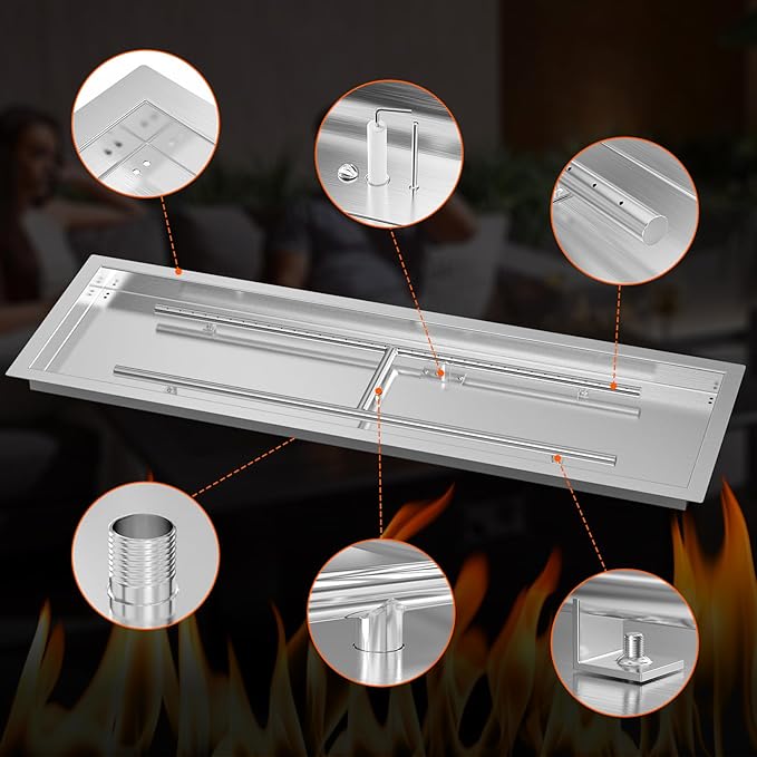 Onlyfire 48 x 14 Inch Drop-in Fire Pit Pan Kit, Rectangular Stainless Steel Propane Gas Firepit Pan Kit with H Burner, Spark Ignition and Propane Hose Kit for Indoor or Outdoor DIY Fire Pit Fireplace