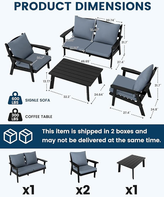 FOOWIN 4-Piece Patio Furniture Set, HDPE All-Weather Outdoor Conversation Set with Thick Cushions, Sectional Patio Sofa Furniture for Deck, Porch, Lawn, Garden, Black Frame & Grey Cushion