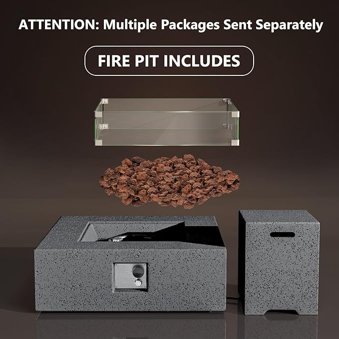 COSIEST Outdoor Propane Fire Pit Coffee Table w Square Faux Stone 35-inch Base, Certified, 50,000 BTU Stainless Steel Burner, Free Lava Rocks and Rain Cover, Wind Guard, Tank Cover,Gray