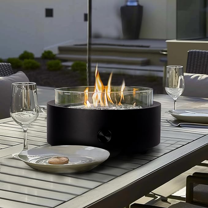 14-inch Tabletop Propane Fire Pit, Outdoor Gas Umbrella-Hole Fire Pit, Portable Fireplace Round Fire Bowl with Wind Glass Guard, Glass Rocks - Black