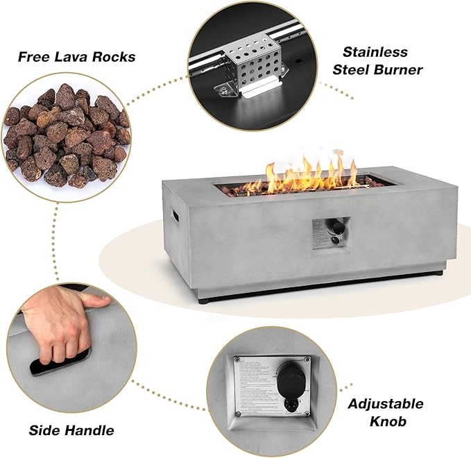 42inch Rectangle Concrete Fire Pit Table Propane - Modern Patio Fire Table w CSA Certified, 50,000 BTU Stainless Steel Burner Rectangular, Lava Rocks, Rain Cover
