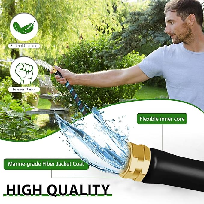 Non-Expanding Garden Hose 150ft,flexible, lightweight hose is resistant to kinks and tangles.With 10-way nozzle, strong 3/4” metal fittings.
