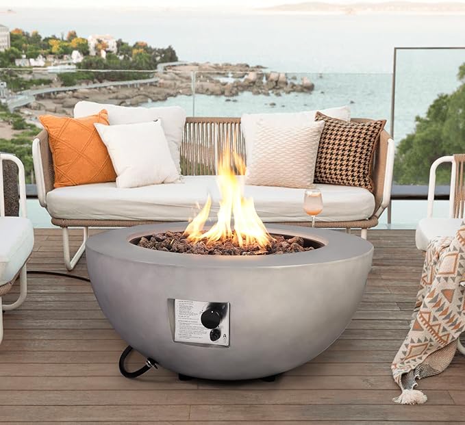 31.5" Round Propane Fire Pit Table,50,000 BTU Outdoor Concrete Gas Firepit with Lava Rocks & Rain Cover,Modern Patio Coffee Table for Backyard and Deck