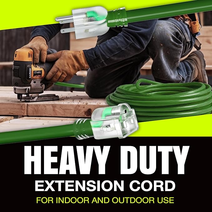 200ft Outdoor/Indoor Extension Cord 14/3 Gauge Heavy Duty 3 Prong SJTW, Waterproof, Flexible Cold-Resistant Long Power Cord,7A 125V 875W, Green by LifeSupplyUSA