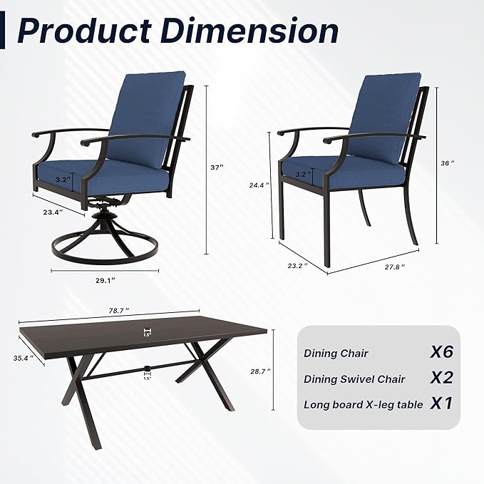 Outdoor Dining Set Patio Dining Table and Chairs Set Outdoor Furniture Set (Dark Blue, 9 Dining Set)