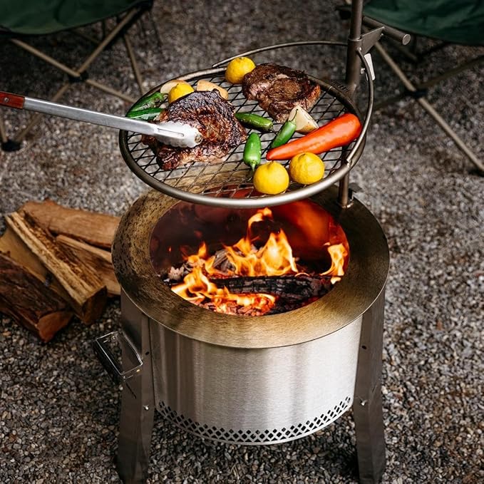 Breeo Smokeless Fire Pit to-Go Bundle (Y Series Stainless Steel, Outpost Grill & to Go Case) | 21 inch Smokeless Firepit for Outside | Ideal for Families, Gifts for Dad