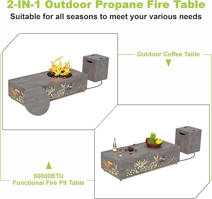 48 inch Propane Fire Pit Table LED, 2 in 1 Rectangular Outdoor Fire Pit with 20lb Tank Cover, Outside Patio Deck and Garden, Gas Fireplace Table with Lid and Stone, 50,000 BTU Adjustable Flame