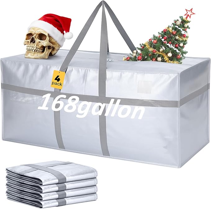 Windyun 4 Pack 168 Gallon Extra Large Storage Bags XXL Moving Bags with Zipper Handles Heavy Duty Jumbo Big Tote Box for Christmas Tree Storage 4, 5, 7.5, 9, 10, 12 ft Skeleton College Dorm(Silver)